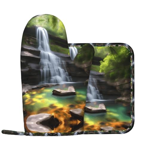 Ofenhandschuhe und Topflappen mit Wasserfall-Ansichten für Küche, Ofenhandschuhe mit rutschfester Silikonoberfläche, geeignet zum Kochen von WXXWXD
