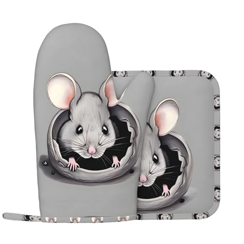 Ofenhandschuhe und Topflappen mit grauer Ratte, Küchenhandschuhe mit rutschfester Silikonoberfläche, geeignet zum Kochen von WXXWXD