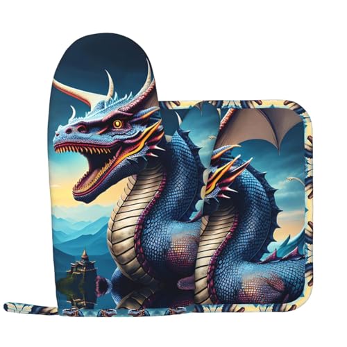 Roaring Dragon Ofenhandschuhe und Topflappen Sets Küche Ofenhandschuhe mit rutschfester Silikonoberfläche zum Kochen geeignet von WXXWXD