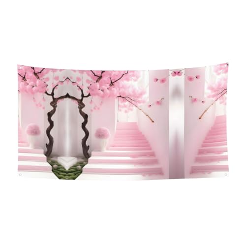 Rosafarbene Kirschblüten-Treppe, bedruckte dekorative Flagge zum Aufhängen, 177,8 x 88,9 cm Rosafarbene Kirschblüten-Treppe, bedruckte dekorative Flagge zum Aufhängen, 177,8 x 88,9 cm von WXXWXD