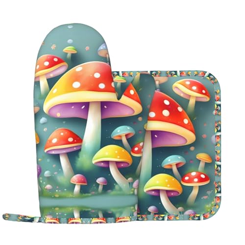 Süße farbige Pilze Ofenhandschuhe und Topflappen-Set, Küchenhandschuhe mit rutschfester Silikon-Oberfläche, geeignet zum Kochen von WXXWXD