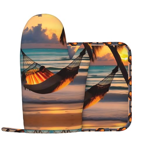 Sunset Beach Hängematte Ofenhandschuhe und Topflappen Sets Küche Ofenhandschuhe mit rutschfester Silikonoberfläche geeignet zum Kochen von WXXWXD