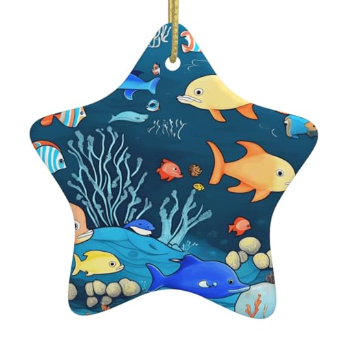 WXXWXD Blue Underwater World of Fish Star Shaped Ceramic Christmas Tree Ornament, Perfect for Family Holiday Gatherings von WXXWXD