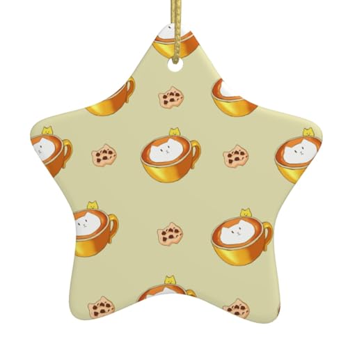 WXXWXD Cartoon-Katze, sternförmiger Keramik-Weihnachtsbaumschmuck, perfekt für Familienfeiertage von WXXWXD
