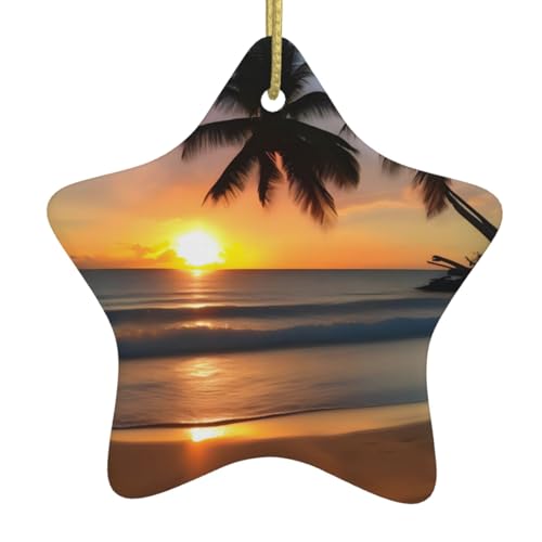 WXXWXD Sternförmiger Keramik-Weihnachtsbaumschmuck mit Sonnenuntergang am Strand, perfekt für Familienfeiertage von WXXWXD