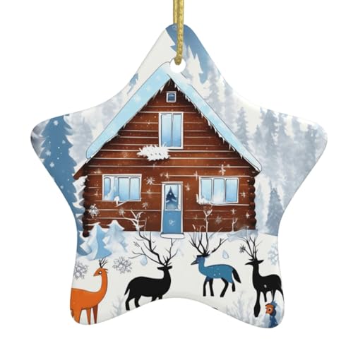 WXXWXD Winter-Rehkitz Sternförmiger Keramik-Weihnachtsbaumschmuck, perfekt für Familienfeiertage von WXXWXD