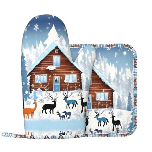 Winter Fawn Ofenhandschuhe und Topflappen Sets Küche Ofenhandschuhe mit rutschfester Silikonoberfläche Geeignet zum Kochen von WXXWXD