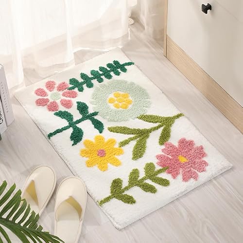 Badezimmerteppich Grüne Rosa Blumen Teppich Weich Flauschig Badematte Saugfähig Schmutzfangmatte Badteppich Mikrofaser Badvorleger rutschfest Waschbar Badezimmermatte 50x80cm von WXYDDXC