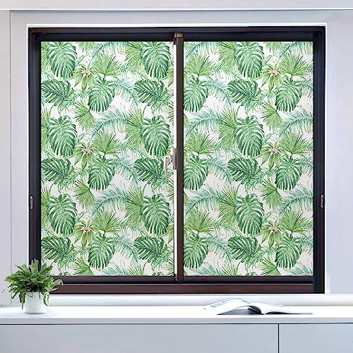 Fensterfolie Grüne Tropische Blätter Sichtschutzfolie Fenster Fensterfolie Blickdicht Milchglasfolie Sichtschutz Klebefolie Fenster Fensterfolie Selbsthaftend Wohnzimmer Badezimmer 3P/45x100cm von WXYDDXC