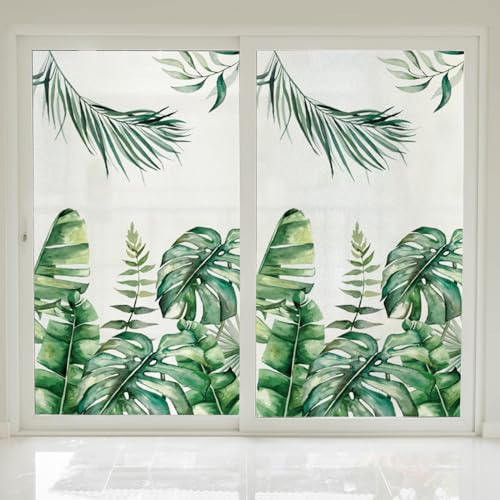 Fensterfolie Vintage Grün Tropical Fensterfolie Blickdicht Sichtschutzfolie Fenster Static Milchglasfolie Folie Fenster Sichtschutz Home Office Fensterfolie Selbsthaftend 1P/60x116cm von WXYDDXC