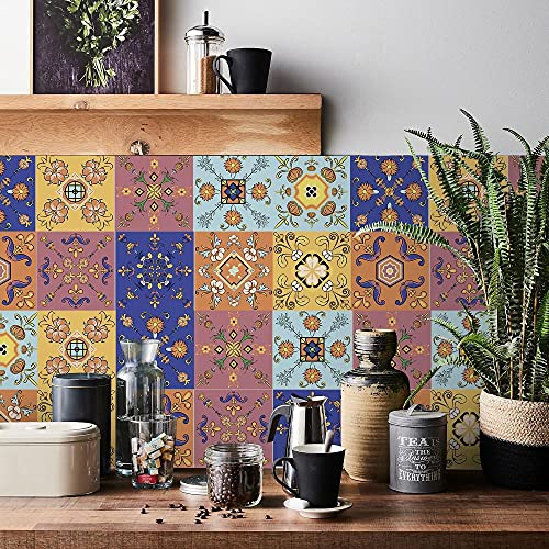 Fliesenaufkleber 15x15 Küche Farbenfroher Marokkanischer Stil Mosaikfliesen Selbstklebend Tapete Folie für Backsplash Fliesen Küchenrückwand Hart Badezimmer Bad Küche Deko Fliesenfolie24P, von WXYDDXC