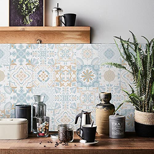 Fliesenaufkleber 20x20 Küche Hellblaues Marokko Mosaikfliesen Selbstklebend Tapete Folie für Backsplash Fliesen Küchenrückwand Hart Badezimmer Bad Küche Deko Fliesenfolie24P, von WXYDDXC