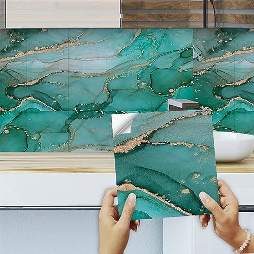 Fliesenaufkleber Aqua Green Marble Klebefliesen Fliesenfolie Ölfest Küchenrückwand Selbstklebend Fliesenaufkleber Bad Wasserdicht Klebefolie Dekorieren 10 Stück/15x15cm von WXYDDXC