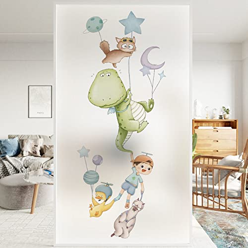 Milchglasfolie Dinosaurier-Junge Fensterfolie Bunt Blickdicht Sichtschutzfolie Fenster Selbsthaftend Klebefolie Fenster Sonnenschutz Kinderzimmer Sichtschutz 70×120cm von WXYDDXC