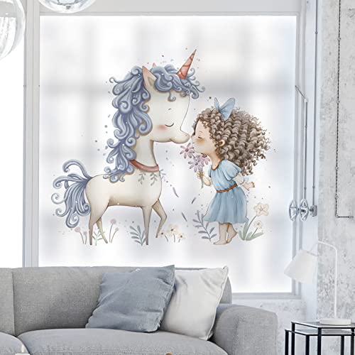 Milchglasfolie Mädchen Einhorn Fensterfolie Bunt Blickdicht Sichtschutzfolie Fenster Selbsthaftend Klebefolie Fenster Sonnenschutz Kinderzimmer Sichtschutz 70×120cm von WXYDDXC