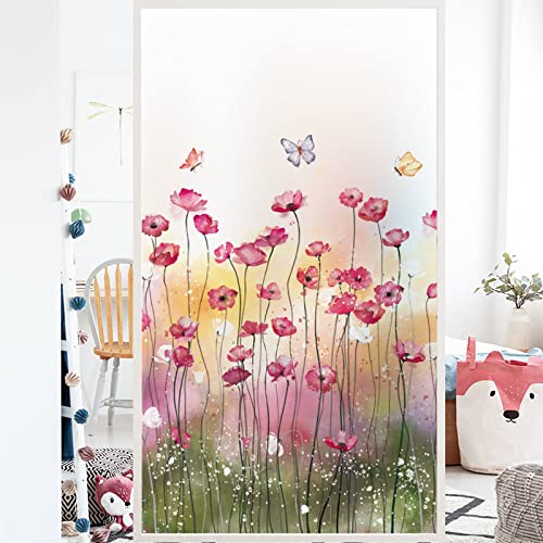 WXYDDXC Milchglasfolie Mohn Schmetterling Fensterfolie Bunt Blickdicht Sichtschutzfolie Fenster Selbsthaftend Klebefolie Fenster Sonnenschutz Kinderzimmer Sichtschutz 70×120cm von WXYDDXC