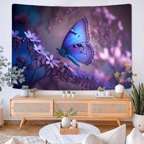 Wandteppich Lila Blume Schmetterling Wandtuch Home Deko Wandbehang für Schlafzimmer Wohnzimmer Wohnheim Wandteppich Aesthetic Tapestry Wandkunst Wand Teppiche (150x100cm) von WXYDDXC