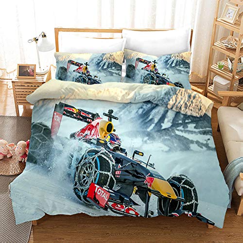 WXhGY Bedruckter Bettbezug Set F1 Rennwagen Bettwäsche Set 3 Teilig 135x200cm Mikrofaser Bettbezug mit Reißverschluss und 2 Kissenbezug 80x80 cm,Bettwäscheset Für Kinder Junge Mädchen von WXhGY