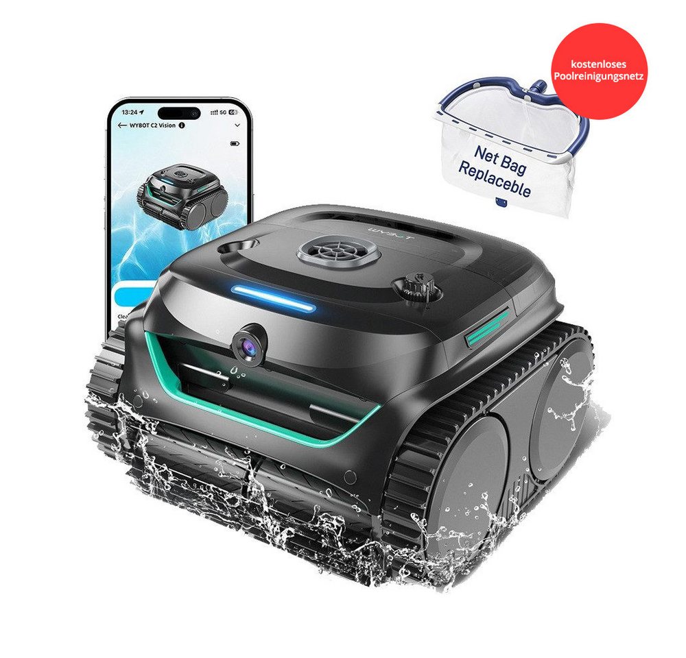 WYBOT Poolroboter C2 Vision kabelloser Poolsauger mit dem kostenlosen Poolreinigungsnetz, (Zweischichtige Filterung, 8-in-1-Reinigungsroboter), bürstenlose Motoren für kraftvolle Saugkraft, für Pools bis zu 180 m² von WYBOT