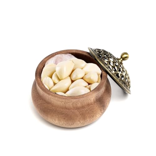 WYBZDA Akazie Knoblauch Aufbewahrung mit Atmungsaktiv Deckel Zwiebeltopf Frische Feuchtigkeitsgeschützt Knoblauchtopf Arbeitsplatte für Gourmet Köche(10.5 * 6cm) von WYBZDA