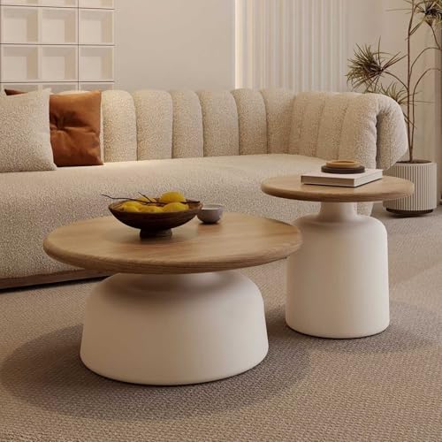 WYCXZJM Runder Couchtisch 2er-Set,Couchtisch Nesting,Moderner Mitteltisch,Klein Beistelltische,für Wohnzimmer, Schlafzimmer, Heimbüro Weiß + Holz von WYCXZJM