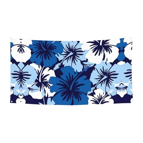 Blauer Hibiskusdruck, 1 Stück, Banner für Halloween, Innen- und Außenbereich, hängende Dekoration, UV-beständig, mit Metalllöchern von WYCZHY