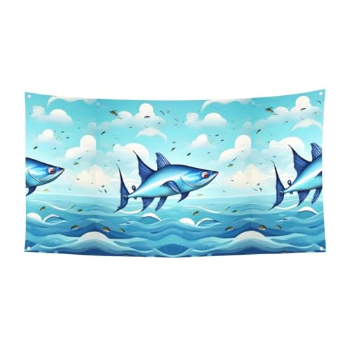 Flying Fish In The Oceans Printing Banner Schild für Halloween, Innen- und Außenbereich, UV-beständig, mit Metalllöchern, 1 Stück von WYCZHY