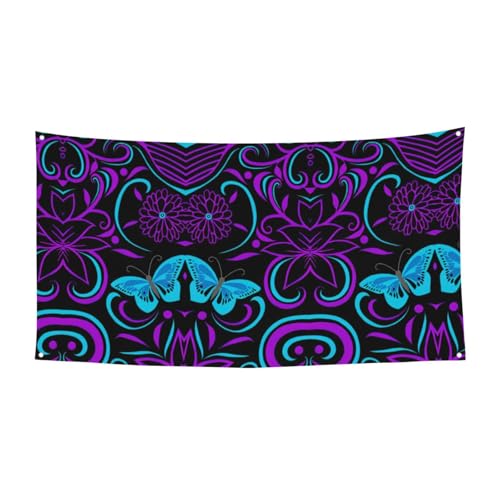 Violetter Schmetterling und Blumen, bedruckt, 1 Stück, Banner für Halloween, Innen- und Außenbereich, hängende Dekoration, UV-beständig, mit Metalllöchern von WYCZHY