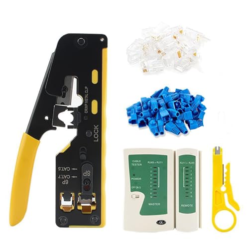 WYFCR Netzwerk Kabel Tester RJ45 Crimping Tool durch Ethernet Crimper Cat7 Crimping Tool Kit, viele Stücke CAT7 durch Stecker, Mini Wire Stripper Drahtschneider Zange Ethernet-Leistungstester(gelb) von WYFCR