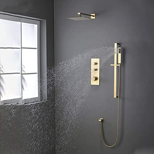 Duschsystem Gold, 10-Zoll-Regenduschkopf Mit Handbrause-Kombi-Set, Messing-Thermostat-Duscharmatur-Set, Verdeckte Duscharmatur Mit Ventil Duschsystem Gold, 10-Zoll-Regenduschkopf Mit Handbrause-Kombi-Set, Messing-Thermostat-Duscharmatur-Set, Verdeckte Duscharmatur Mit Ventil von WYFQL-JYO