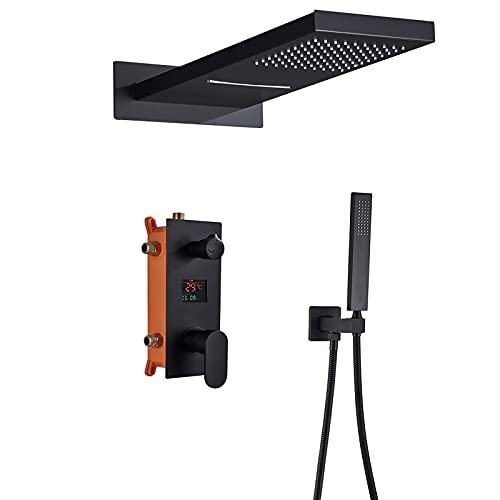 Duschsystem Verdeckter Schwarzer Duschhahn LCD-Bildschirm Digitalanzeige Duschkombi-Set Mit Handbrause Und 2 Modi Regenduschkopf Wanne Und Duschverkleidungsset von WYFQL-JYO
