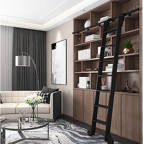 Rollende Schiebeleiter-Hardware – schwarzes Schiebetür-Set (mit Leiter), Rollleiter, Hardware-Bibliothek, vollständiges Schienen-Set, rundes Rohr, mobile Leiterschiene, mit Bodenrollenrädern (170 cm von WYFQL-JYO