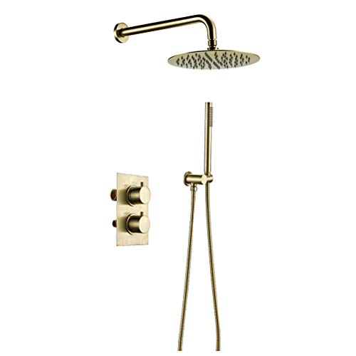 Duscharmaturen Mit Thermostat, Solide Messing Rührgerät Umsteller Gebürstet Gold Bad Duschkopf Luxus Combo Wasserhahn Wandhalterung Arm Duschsystem Set Mit Duschkopf Und Duschschlauch Kit,10inch Duscharmaturen Mit Thermostat, Solide Messing Rührgerät Umsteller Gebürstet Gold Bad Duschkopf Luxus Combo Wasserhahn Wandhalterung Arm Duschsystem Set Mit Duschkopf Und Duschschlauch Kit,10inch von WYH