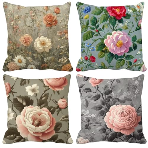 Kissenbezug 35x35cm 4er Set Retro Blume Kissenbezüge schmücken Outdoor Leinen Sofakissen Mit Unsichtbarem Reißverschluss für Balkon Terrassen Schlafzimmer Wohnzimmer Sommer Deko Geschenks Model-0668 von WYJCDWOU