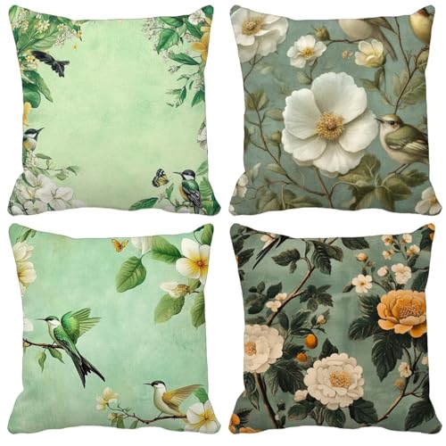 Kissenbezug 40x40cm 4er Set Blume Vogel Kissenbezüge schmücken Outdoor Leinen Sofakissen Mit Unsichtbarem Reißverschluss für Balkon Terrassen Schlafzimmer Wohnzimmer Sommer Deko Geschenks Model-0676 von WYJCDWOU