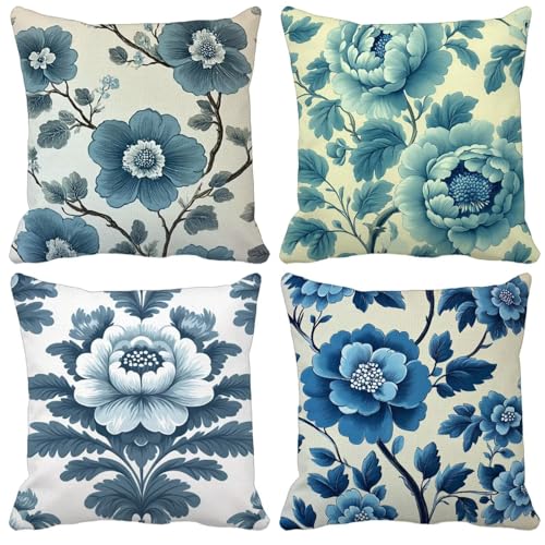 Kissenbezug 40x40cm 4er Set Pflanze Blume Kissenbezüge schmücken Outdoor Leinen Sofakissen Mit Unsichtbarem Reißverschluss für Balkon Terrassen Schlafzimmer Wohnzimmer Sommer Deko Geschenks Model-0662 von WYJCDWOU
