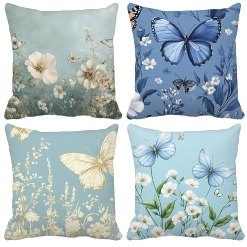 Kissenbezug 50x50cm 4er Set Blume Schmetterling Kissenbezüge schmücken Outdoor Leinen Sofakissen Mit Unsichtbarem Reißverschluss für Balkon Terrassen Schlafzimmer Wohnzimmer Deko Geschenks Model-0670 von WYJCDWOU