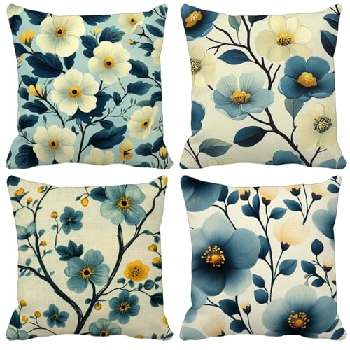 Kissenbezug 60x60cm 4er Set Blatt Blume Kissenbezüge schmücken Outdoor Leinen Sofakissen Mit Unsichtbarem Reißverschluss für Balkon Terrassen Schlafzimmer Wohnzimmer Sommer Deko Geschenks Model-0658 von WYJCDWOU