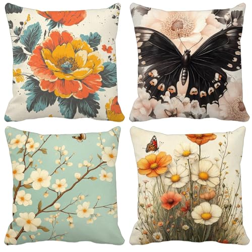 Kissenbezug 65x65cm 4er Set Blume Schmetterling Kissenbezüge schmücken Outdoor Leinen Sofakissen Mit Unsichtbarem Reißverschluss für Balkon Terrassen Schlafzimmer Wohnzimmer Deko Geschenks Model-0680 von WYJCDWOU