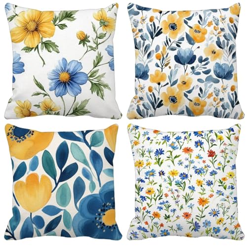Kissenbezug 65x65cm 4er Set Nordeuropa Blume Kissenbezüge schmücken Outdoor Leinen Sofakissen Mit Unsichtbarem Reißverschluss für Balkon Terrassen Schlafzimmer Wohnzimmer Deko Geschenks Model-0682 von WYJCDWOU
