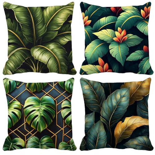 Kissenbezug 75x75cm 4er Set Pflanze Blatt Kissenbezüge schmücken Outdoor Leinen Sofakissen Mit Unsichtbarem Reißverschluss für Balkon Terrassen Schlafzimmer Wohnzimmer Sommer Deko Geschenks Model-0830 von WYJCDWOU