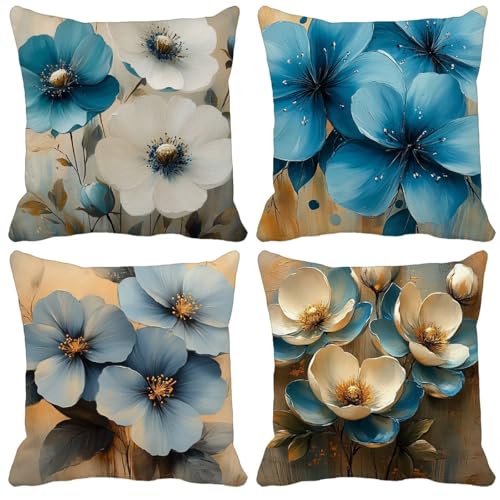 Kissenbezug 75x75cm 4er Set Pflanze Blume Kissenbezüge schmücken Outdoor Leinen Sofakissen Mit Unsichtbarem Reißverschluss für Balkon Terrassen Schlafzimmer Wohnzimmer Sommer Deko Geschenks Model-0660 von WYJCDWOU