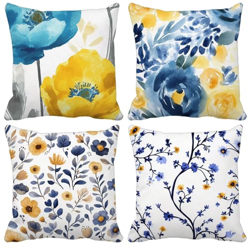 Outdoor Wetterfest Kissenbezug 50x50cm 4er Set Nordeuropa Kissenbezüge Blume Outdoor Kissen Wasserdicht Leinen Quadrat Sofakissen Dekokissen für Garten Terrasse Bank Stuhl Heim Dekoration Model-0681 von WYJCDWOU