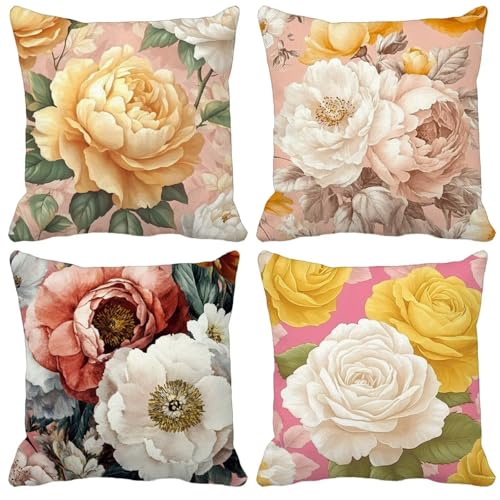 Outdoor Wetterfest Kissenbezug 60x60cm 4er Set Blatt Kissenbezüge Blume Outdoor Kissen Wasserdicht Leinen Quadrat Sofakissen Dekokissen für Garten Terrasse Bank Stuhl Heim Dekoration Model-0673 von WYJCDWOU