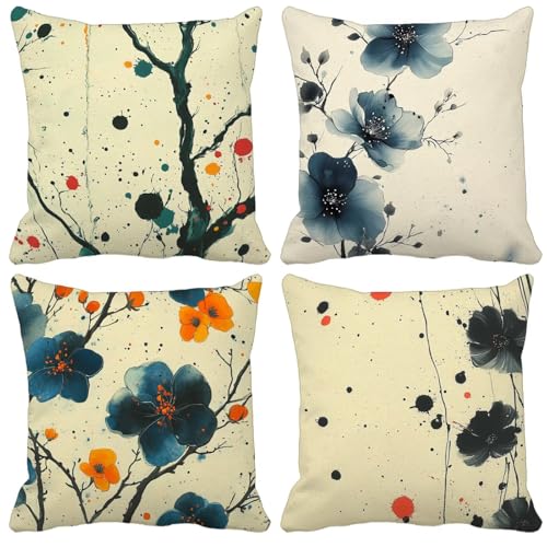 Outdoor Wetterfest Kissenbezug 65x65cm 4er Set Baum Kissenbezüge Blume Outdoor Kissen Wasserdicht Leinen Quadrat Sofakissen Dekokissen für Garten Terrasse Bank Stuhl Heim Dekoration Model-0697 von WYJCDWOU