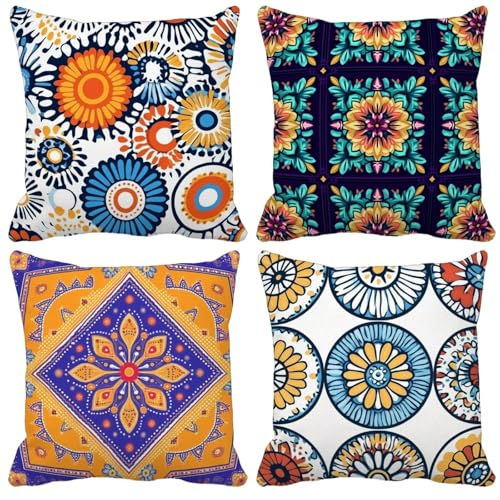 Outdoor Wetterfest Kissenbezug 80x80cm 4er Set Farbe Kissenbezüge Böhmen Outdoor Kissen Wasserdicht Leinen Quadrat Sofakissen Dekokissen für Garten Terrasse Bank Stuhl Heim Dekoration Model-0665 von WYJCDWOU