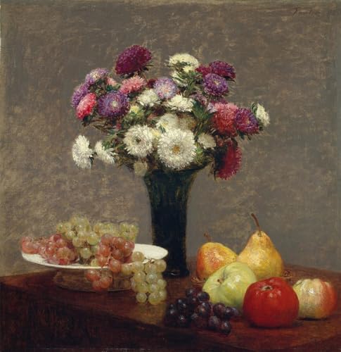 WYKUJMYTO Bekannt Leinwand Druck Wand Leinwanddruck Malerei Astern und Früchte auf einem Tisch von Ignace Henri Jean Fantin Latour Kunstwerk Bilder für Bürodekoration 60x90cm von WYKUJMYTO