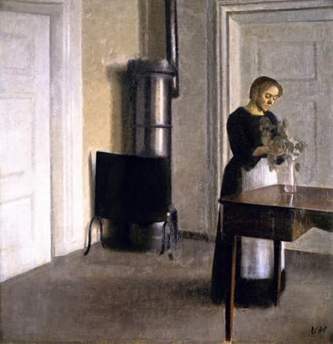 WYKUJMYTO Berühmte Gemälde Moderne Kunstdrucke Bild Druck Auf Leinwand Innenraum mit einer jungen Frau. Ida legt Blumen in eine Glasvase Vilhelm Hammerschoi für Wohnzimmer Dekoration 60x90cm von WYKUJMYTO