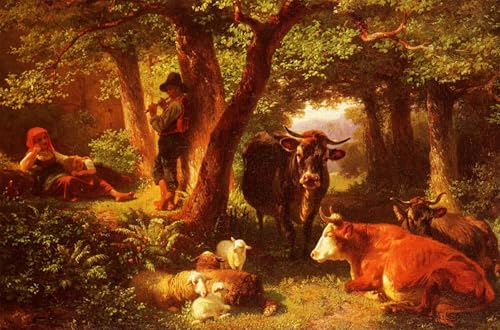 WYKUJMYTO Berühmte Gemälde Moderne Kunstdrucke Bild Druck Auf Leinwand Waldmotiv Mit Kuhen Friedrich Johann Voltz Poster Kunstwerke für Wohnzimmer Dekoration 60x90cm von WYKUJMYTO