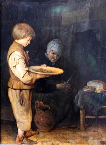 WYKUJMYTO Kunst Gemälde Poster Kunstwerke Berühmte Leinwand Drucken Alte Frau und Junge teilen sich eine einfache Mahlzeit von Gerard Ter Borch Kunstdrucke Leinwand für Wohnzimmer Dekoration 60x90cm von WYKUJMYTO